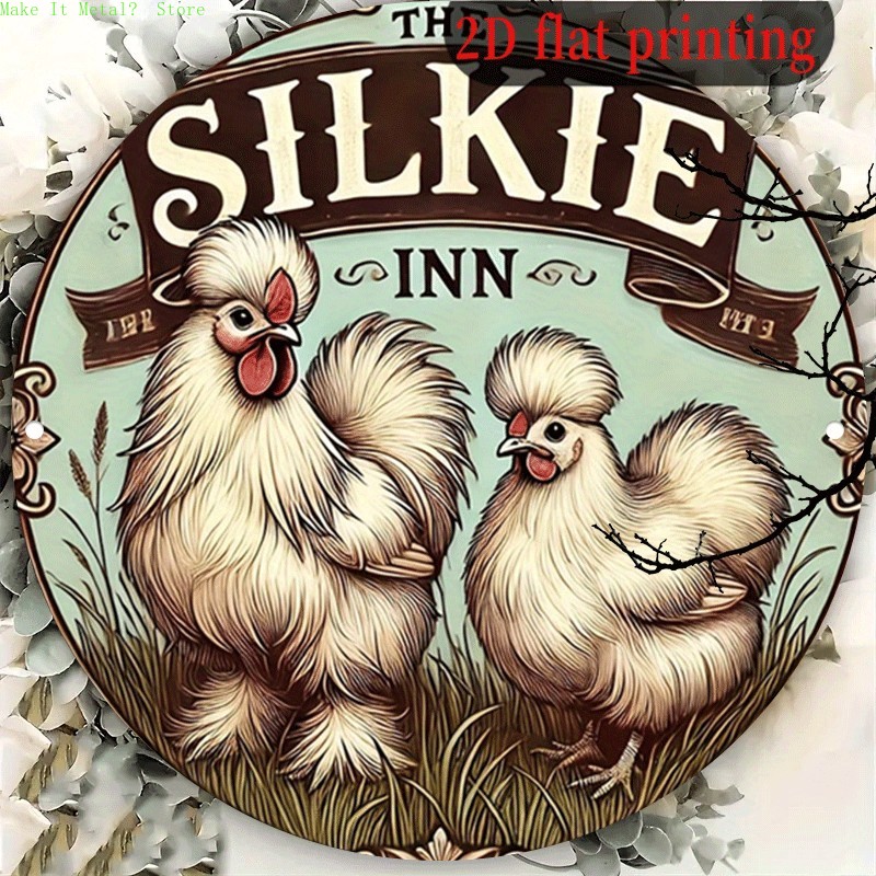 Vintage Collectible Plates - ป้ายโลหะทรงกลมลายวินเทจ The Silkie Inn, ป้ายโลหะติดผนังลายไก่พิมพ์แบบ 2