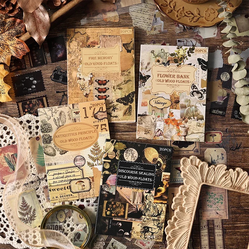 Vintage Collectible Books - สมุดสติกเกอร์ไดคัทวินเทจ 20 แผ่น ไม่ต้องตัดและลอกง่าย วัสดุตกแต่งสำหรับสมุดบันทึกและคอลลาจ